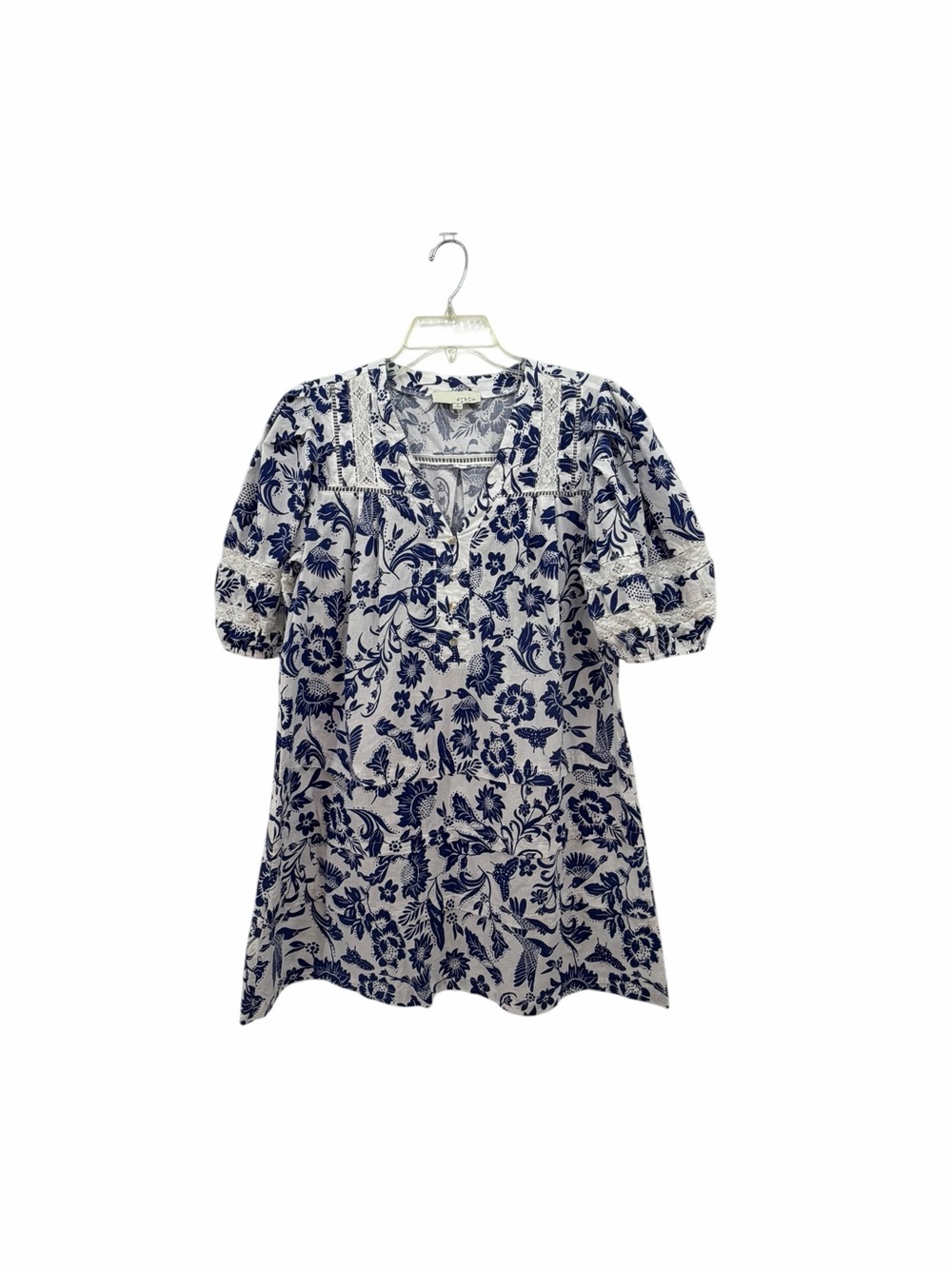 Pinch White Mini Dress with Navy Floral Print and Lace Trim